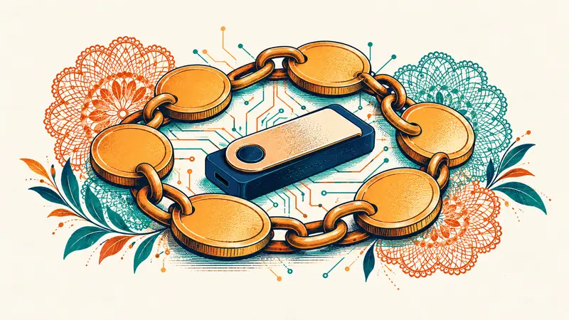 Monedas encadenadas alrededor de una billetera física de criptomonedas