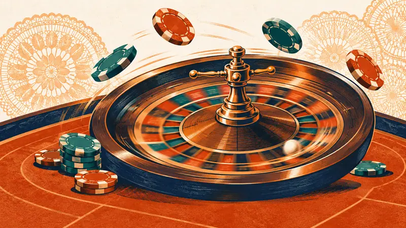 Ruleta girando con fichas en el aire sobre una mesa color terracota
