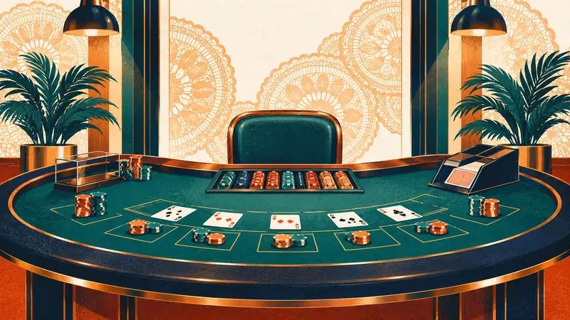 Mesa de casino en vivo con cartas y fichas ordenadas bajo luces de estudio