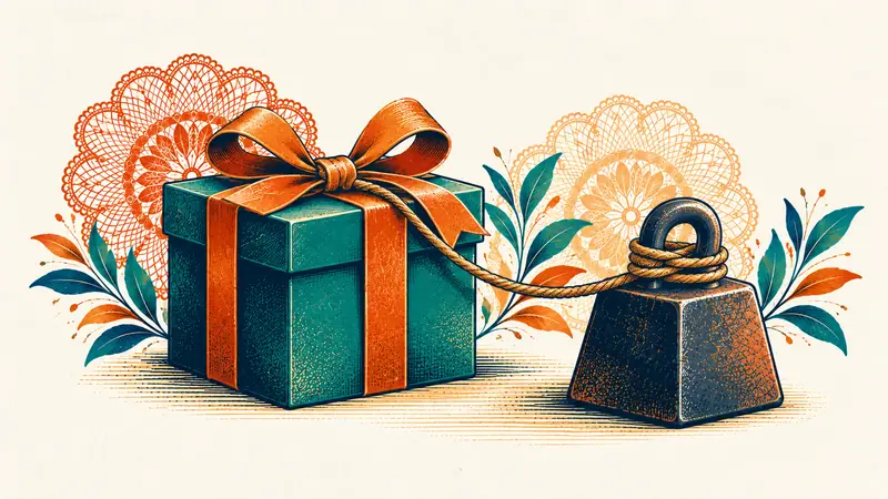 Caja de regalo atada con un hilo a una pesa de hierro, símbolo del rollover