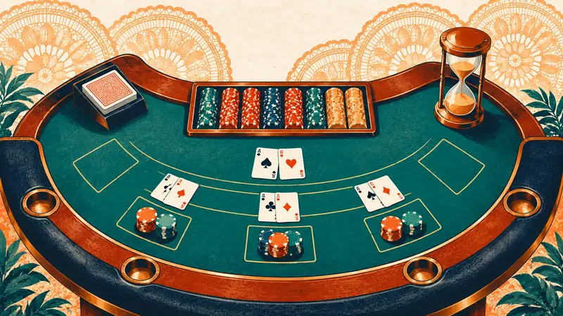 Mesa de blackjack vista desde arriba con un portafichas y un reloj de arena