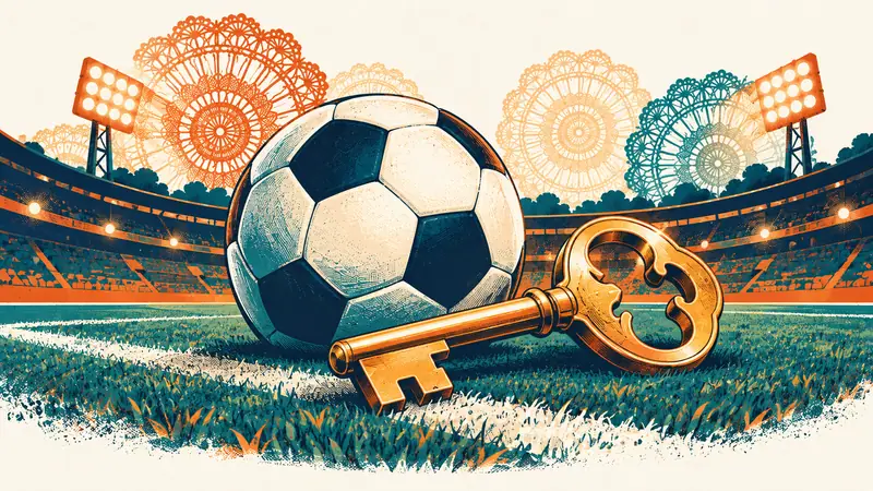 Balón de fútbol junto a una llave dorada, con las luces de un estadio al fondo