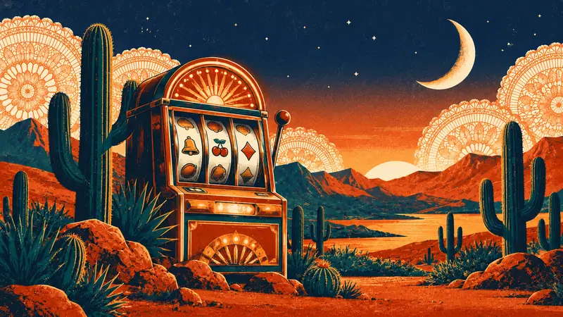 Paisaje de desierto al atardecer con una tragamonedas entre cactus y luna creciente