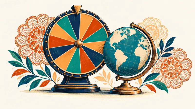 Rueda de la fortuna con segmentos de colores junto a un pequeño globo terráqueo