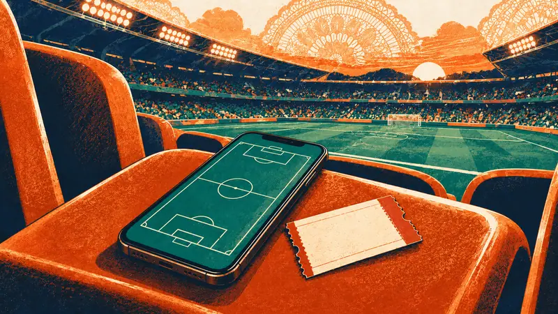 Teléfono con una cancha en la pantalla sobre un asiento de estadio, junto a una entrada