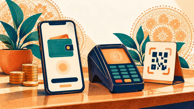 Teléfono con una billetera en pantalla junto a un posnet y un soporte con código QR