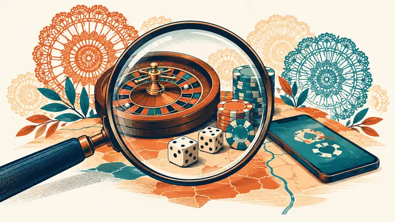 Lupa sobre una mesa con ruleta, fichas, dados y un teléfono, con encaje de ñandutí de fondo