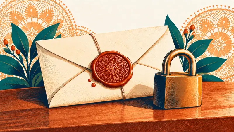 Candado cerrado sobre una carta con un sello de lacre con dibujo de encaje